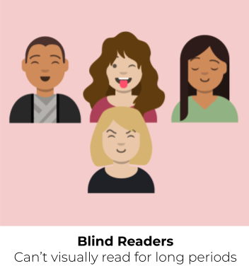 caption: Blind readers: Can't visually read for long periods
description: A group of four avatars: P2, P4, P5, and P9